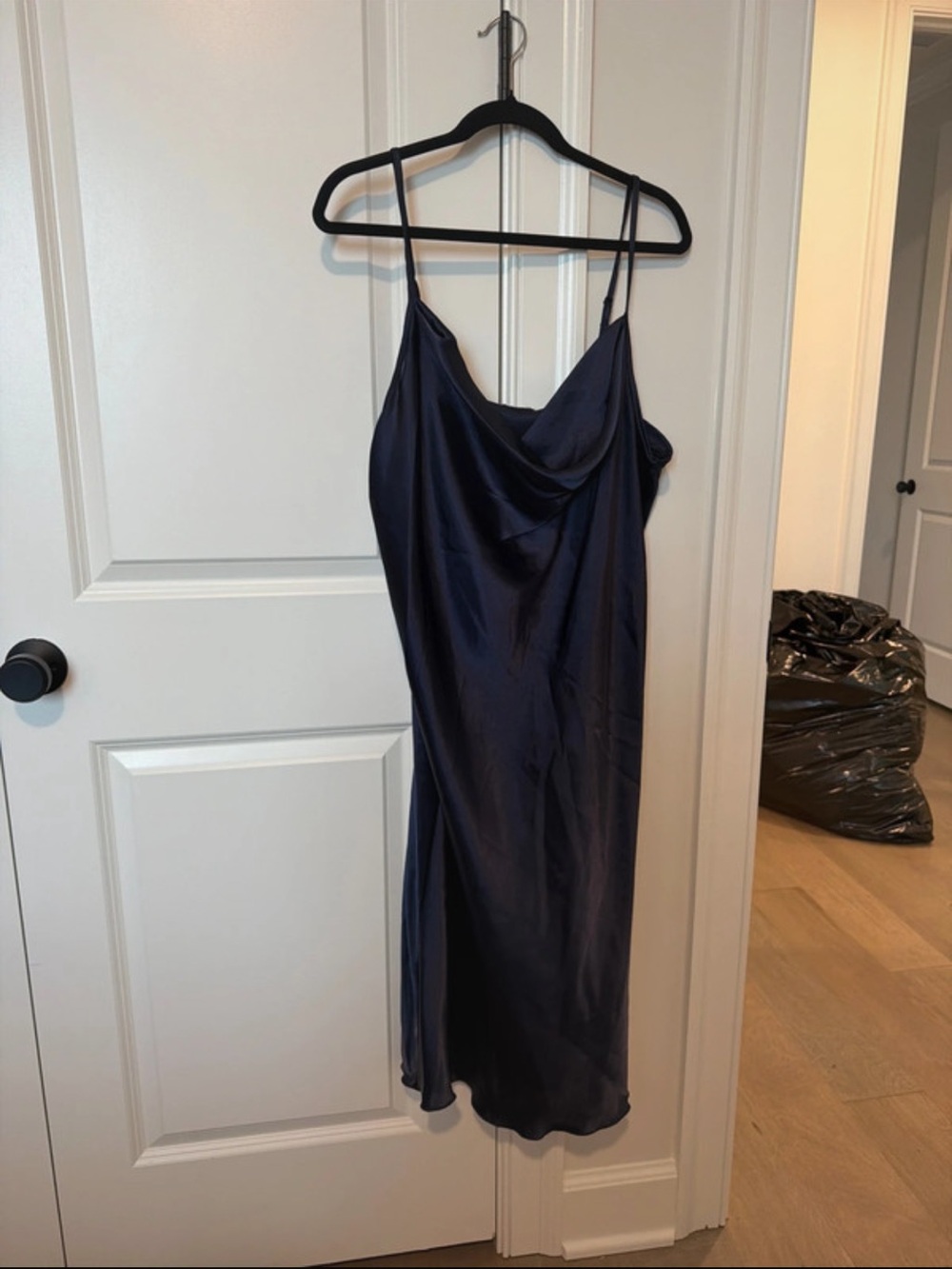 bebe Navy Satin Cowl Neck Slip Midi Dress
